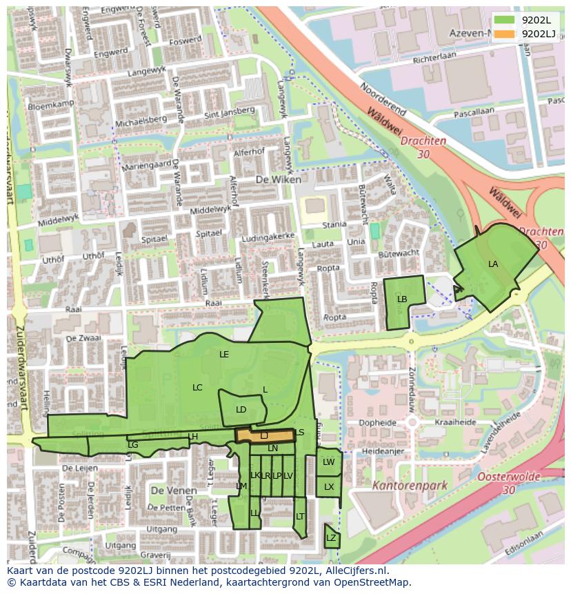Afbeelding van het postcodegebied 9202 LJ op de kaart.