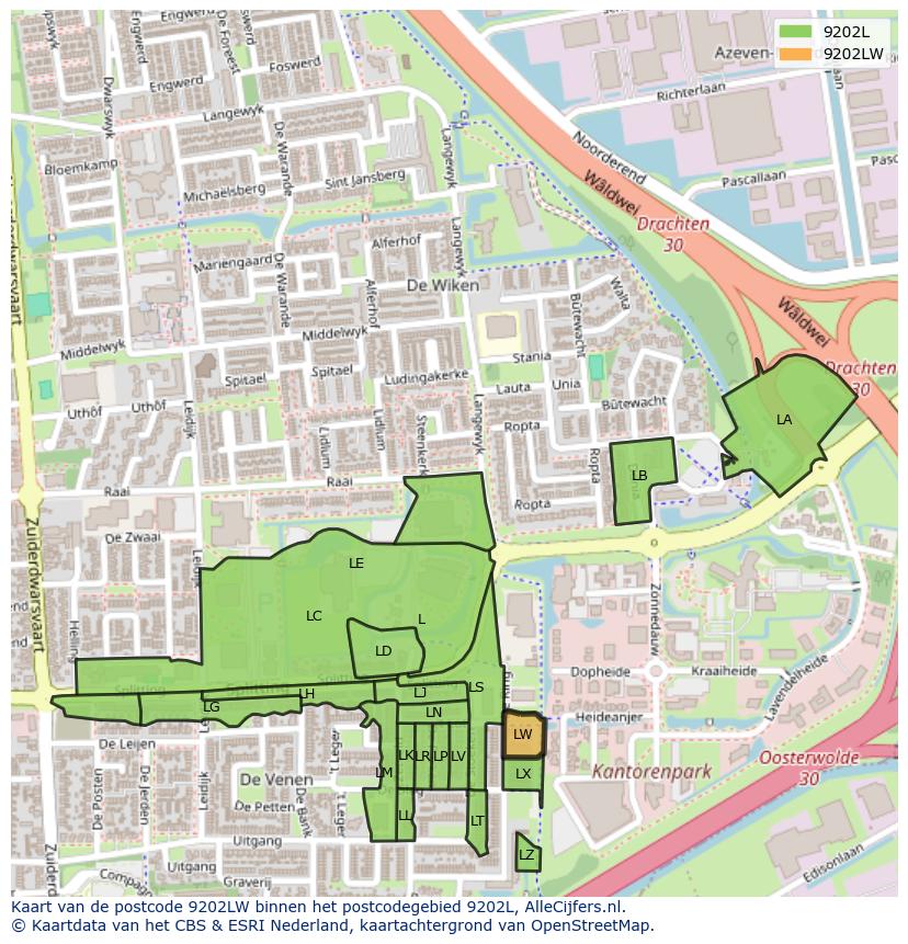 Afbeelding van het postcodegebied 9202 LW op de kaart.