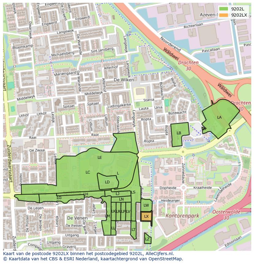 Afbeelding van het postcodegebied 9202 LX op de kaart.