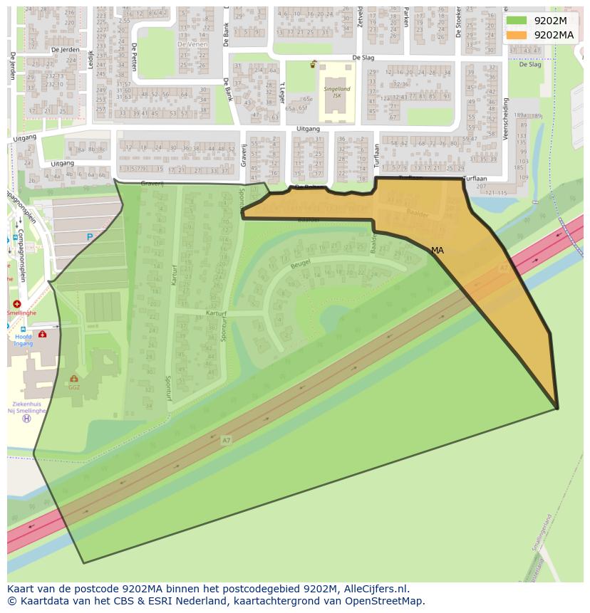 Afbeelding van het postcodegebied 9202 MA op de kaart.