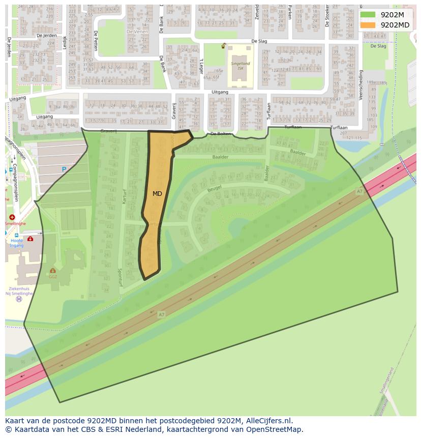 Afbeelding van het postcodegebied 9202 MD op de kaart.