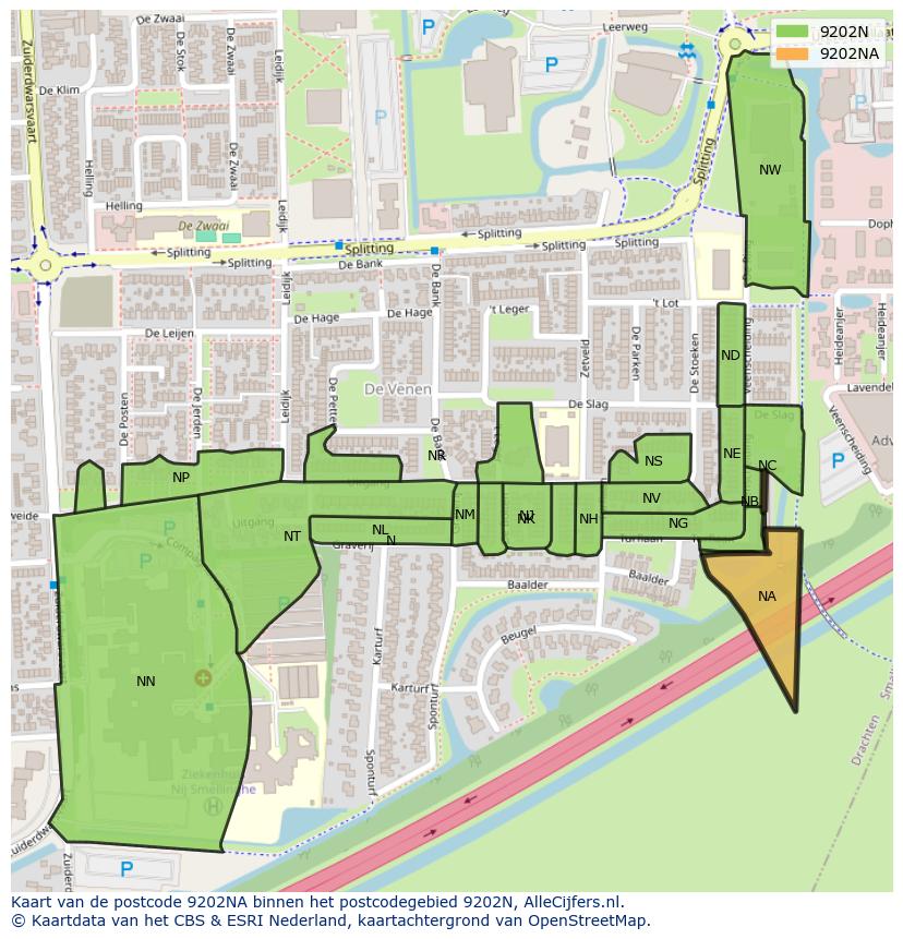Afbeelding van het postcodegebied 9202 NA op de kaart.