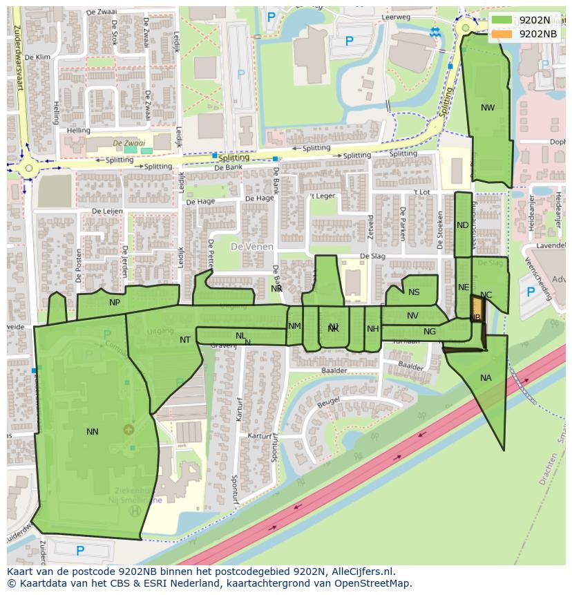 Afbeelding van het postcodegebied 9202 NB op de kaart.
