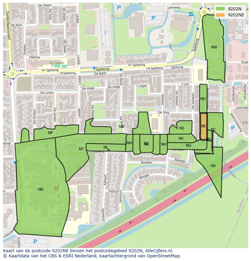 Afbeelding van het postcodegebied 9202 NE op de kaart.