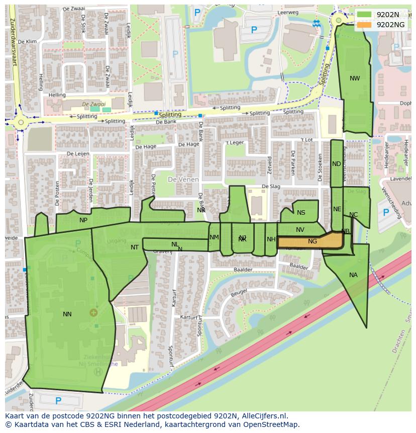 Afbeelding van het postcodegebied 9202 NG op de kaart.