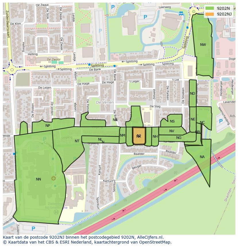 Afbeelding van het postcodegebied 9202 NJ op de kaart.