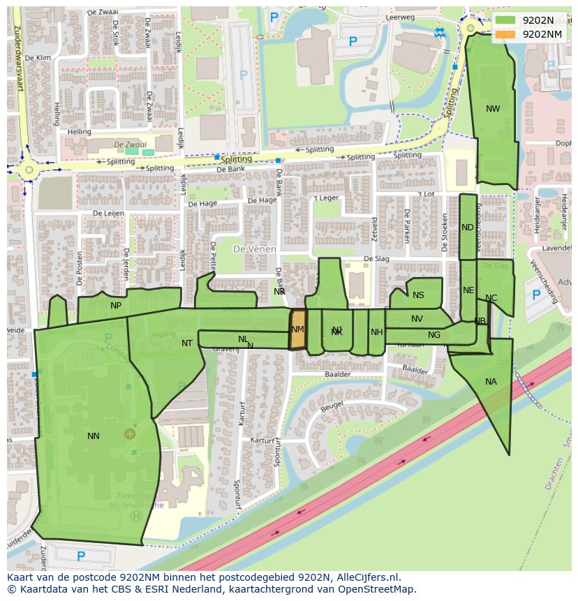 Afbeelding van het postcodegebied 9202 NM op de kaart.