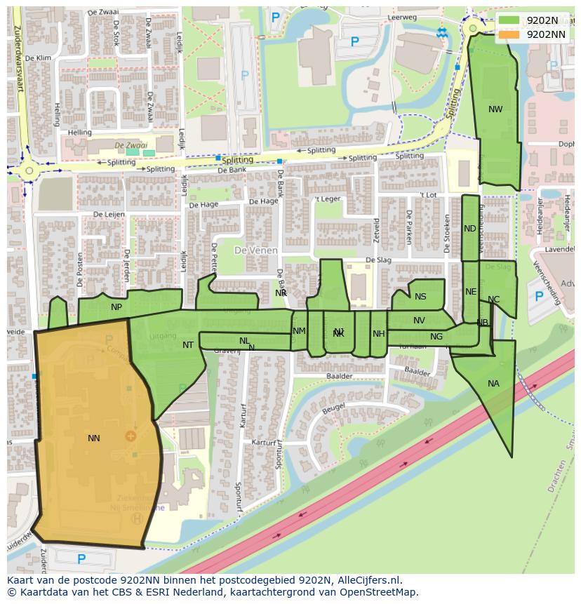 Afbeelding van het postcodegebied 9202 NN op de kaart.