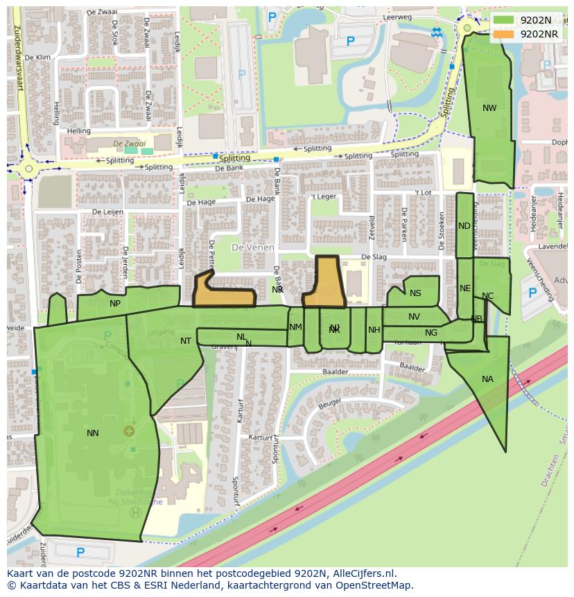 Afbeelding van het postcodegebied 9202 NR op de kaart.