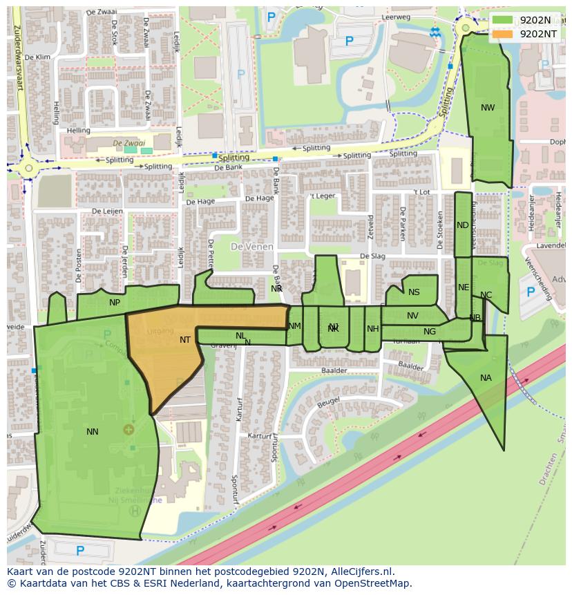 Afbeelding van het postcodegebied 9202 NT op de kaart.