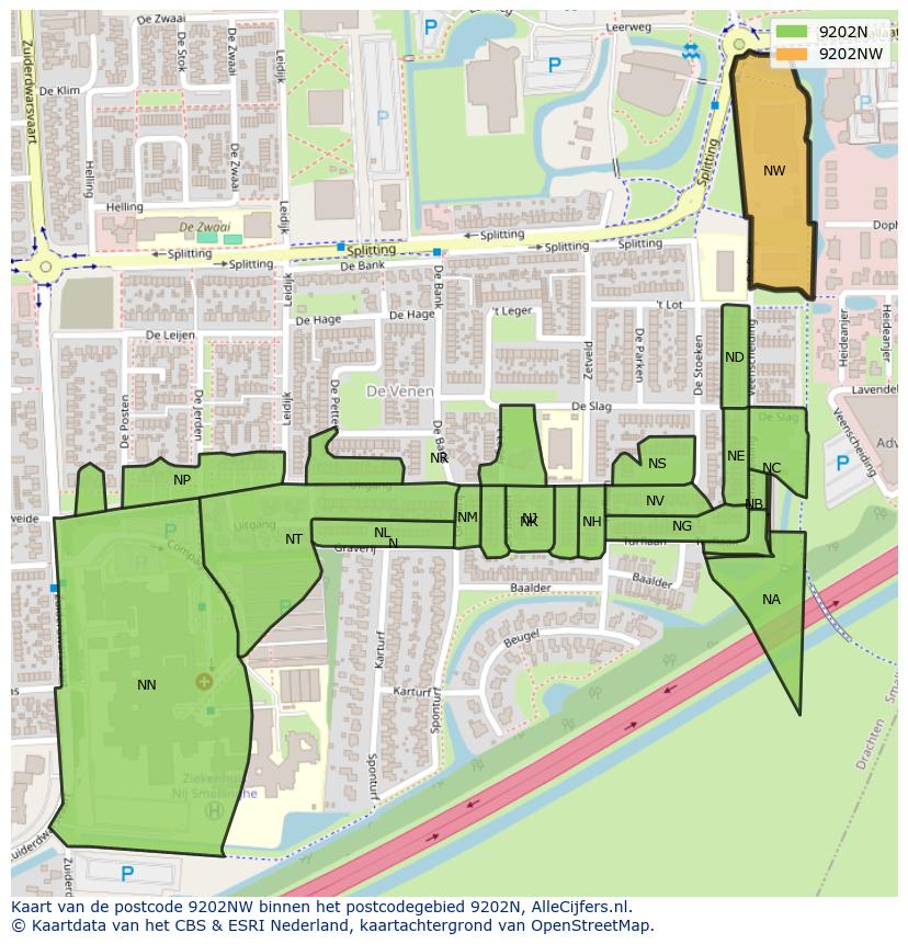 Afbeelding van het postcodegebied 9202 NW op de kaart.