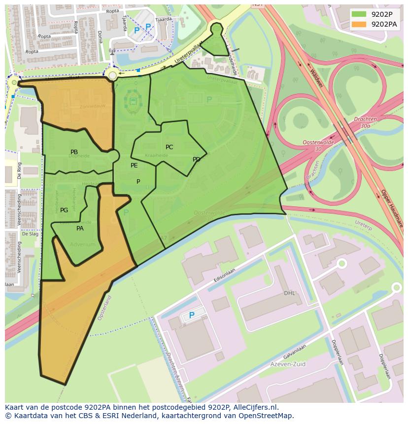 Afbeelding van het postcodegebied 9202 PA op de kaart.