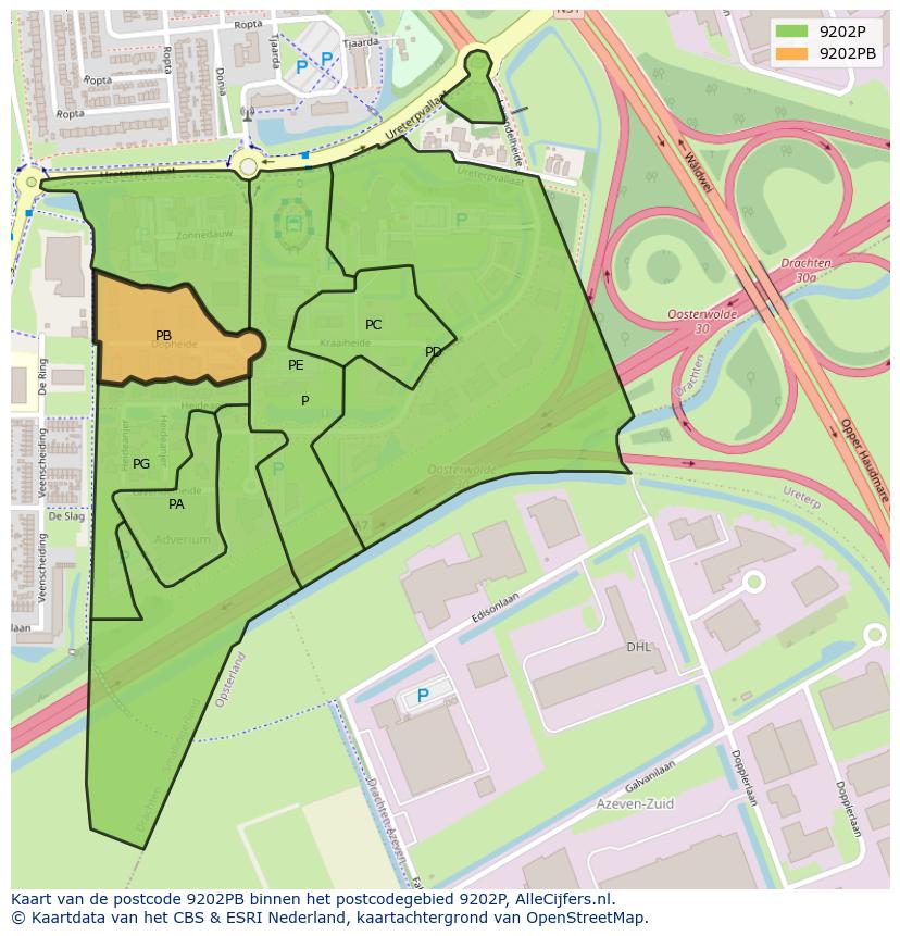 Afbeelding van het postcodegebied 9202 PB op de kaart.