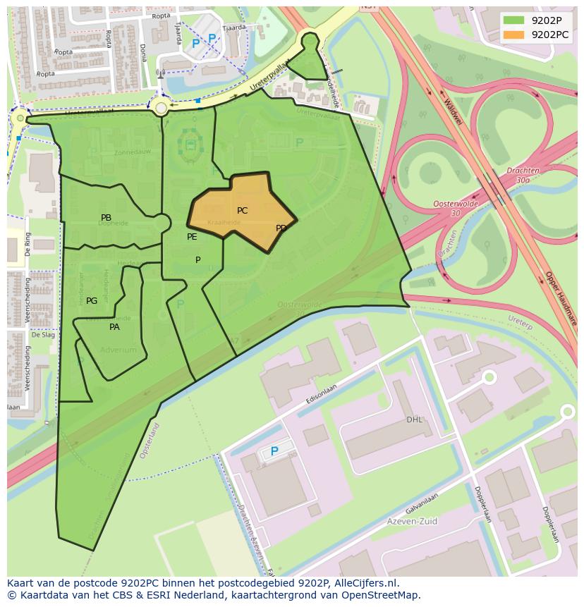 Afbeelding van het postcodegebied 9202 PC op de kaart.