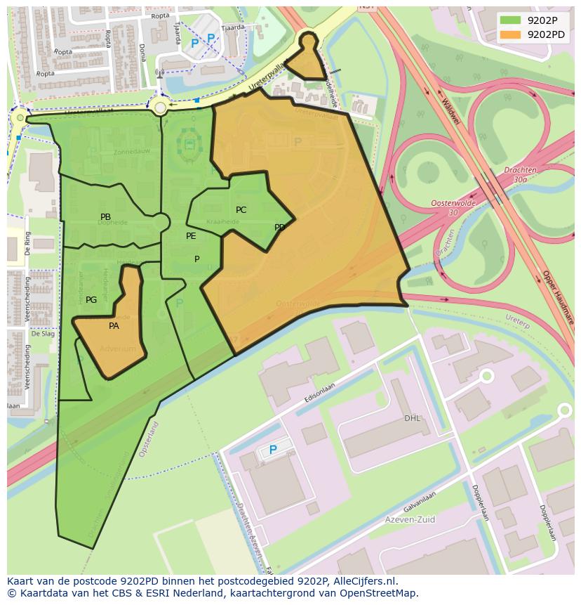 Afbeelding van het postcodegebied 9202 PD op de kaart.