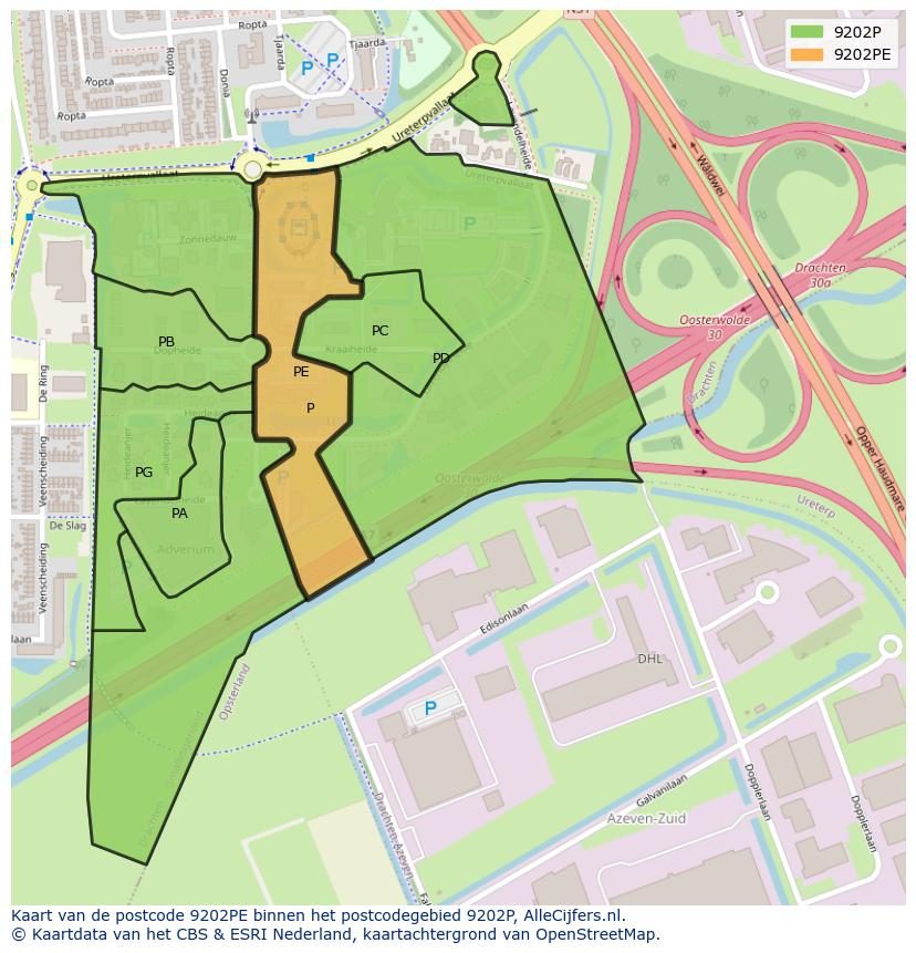 Afbeelding van het postcodegebied 9202 PE op de kaart.