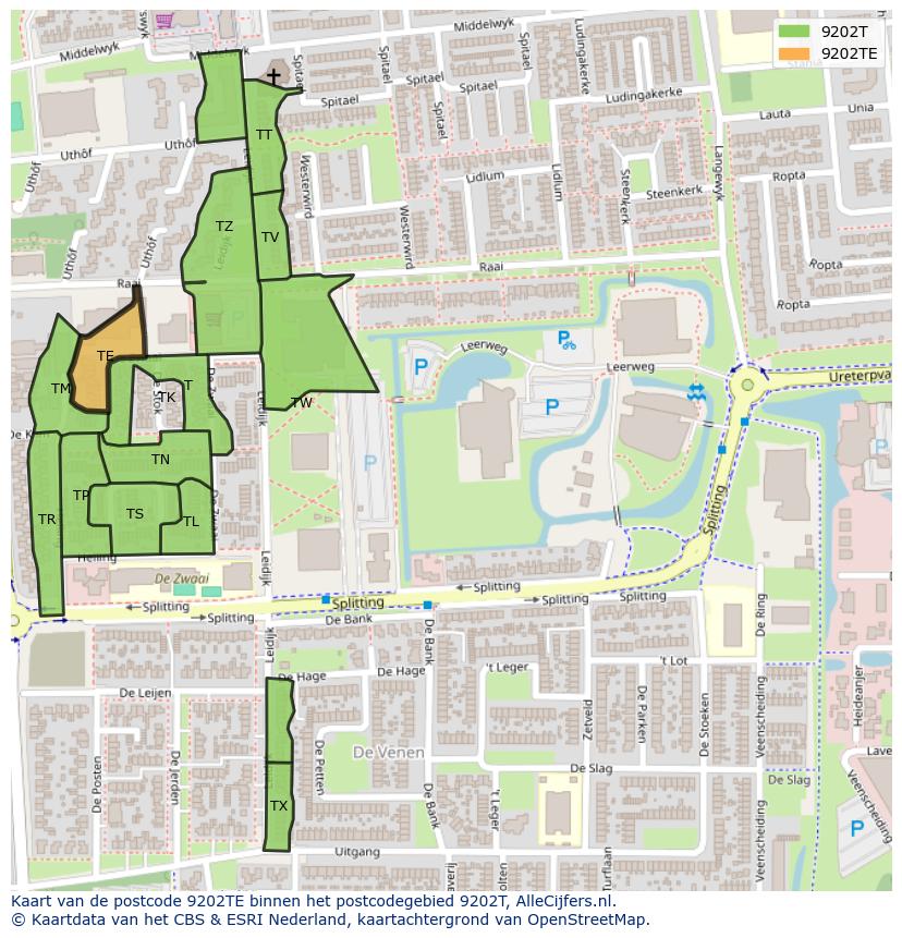 Afbeelding van het postcodegebied 9202 TE op de kaart.
