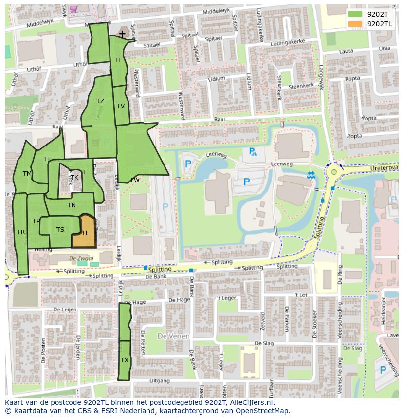 Afbeelding van het postcodegebied 9202 TL op de kaart.