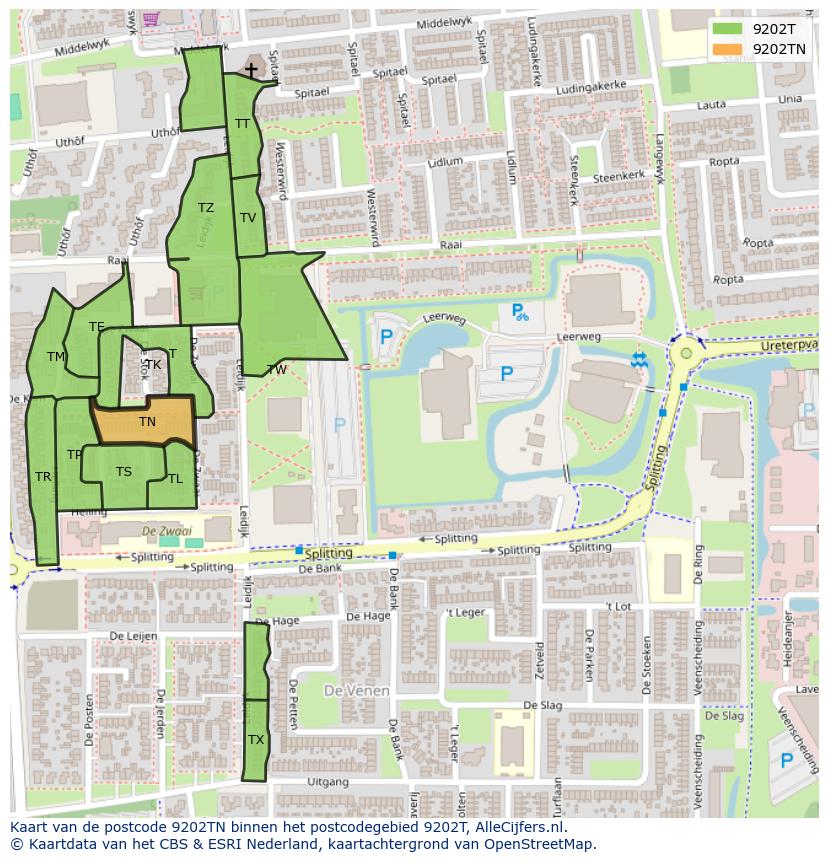 Afbeelding van het postcodegebied 9202 TN op de kaart.