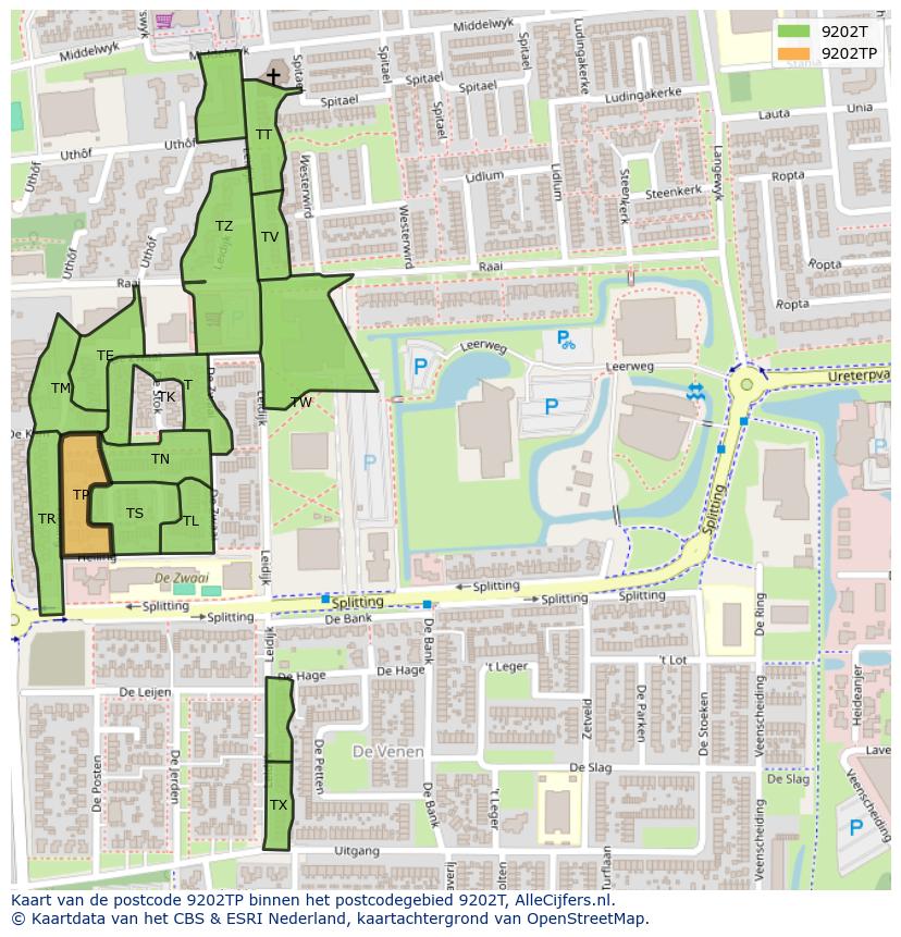 Afbeelding van het postcodegebied 9202 TP op de kaart.