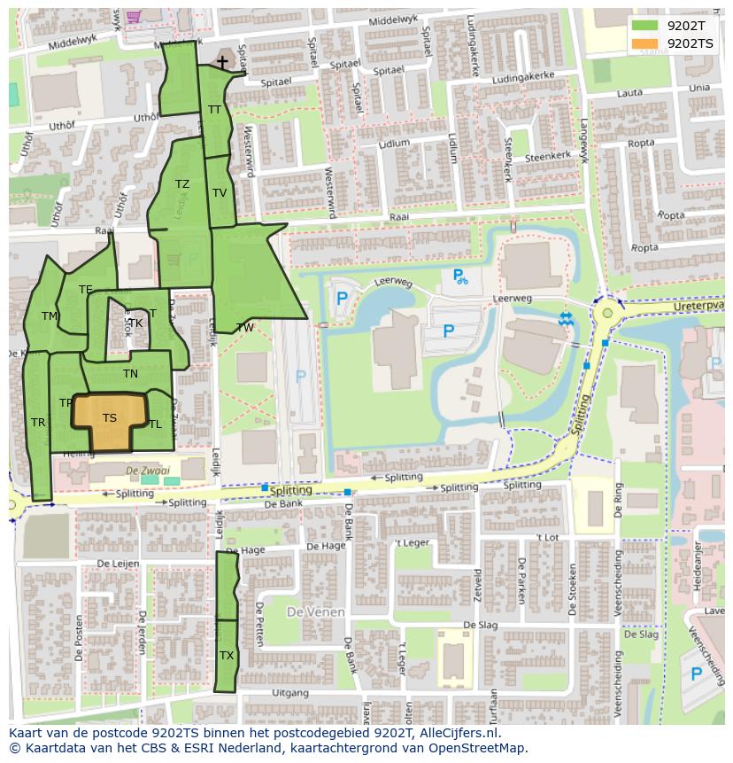 Afbeelding van het postcodegebied 9202 TS op de kaart.
