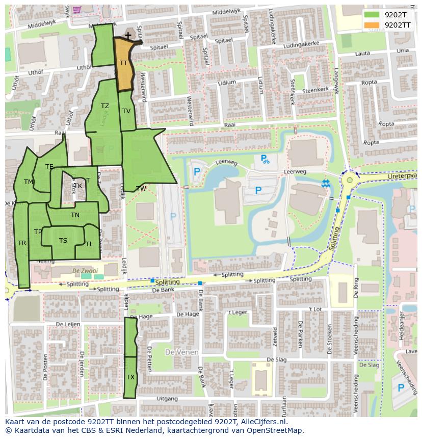 Afbeelding van het postcodegebied 9202 TT op de kaart.