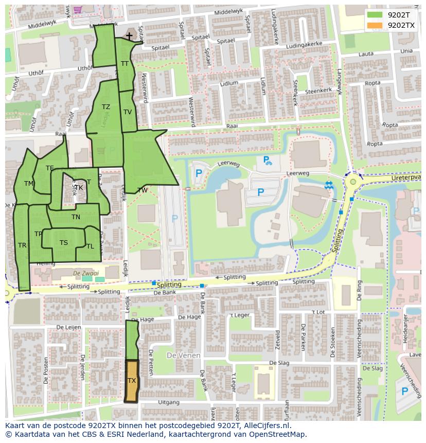 Afbeelding van het postcodegebied 9202 TX op de kaart.