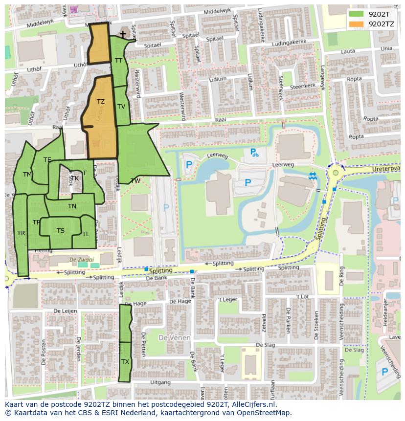 Afbeelding van het postcodegebied 9202 TZ op de kaart.