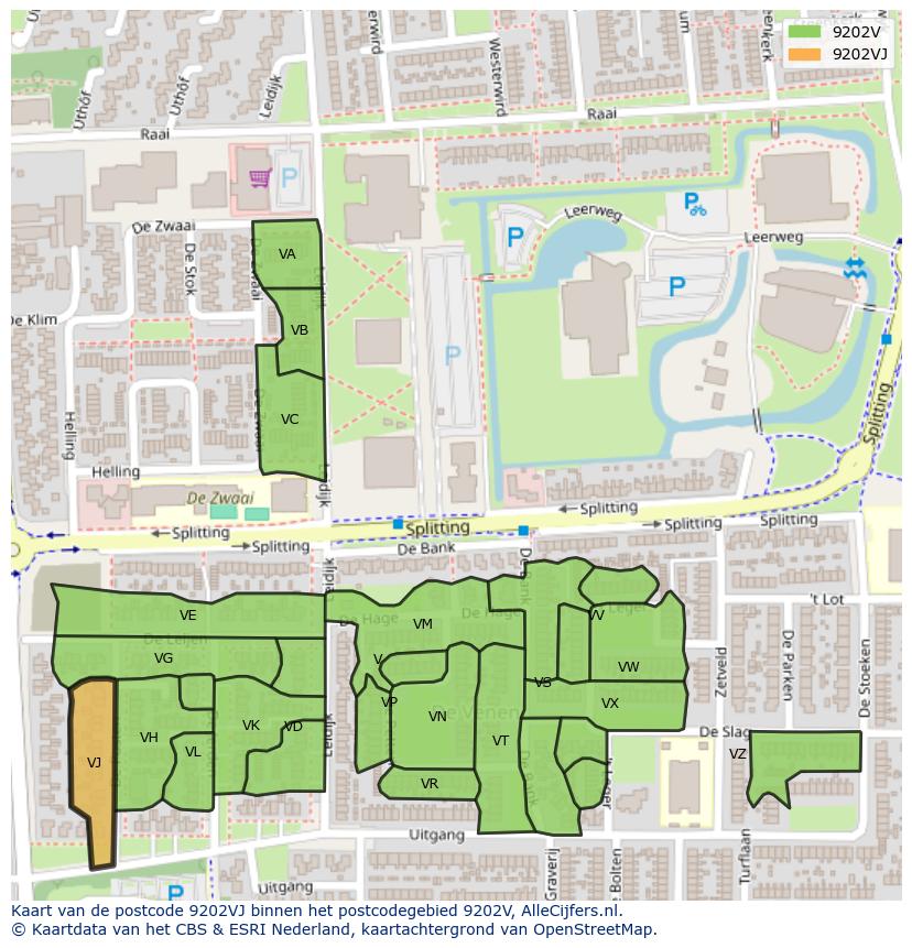 Afbeelding van het postcodegebied 9202 VJ op de kaart.