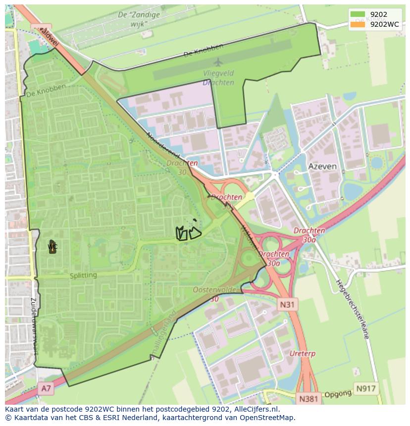 Afbeelding van het postcodegebied 9202 WC op de kaart.