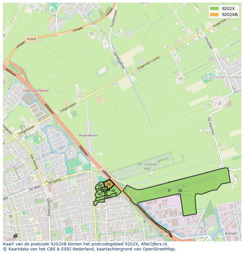 Afbeelding van het postcodegebied 9202 XB op de kaart.