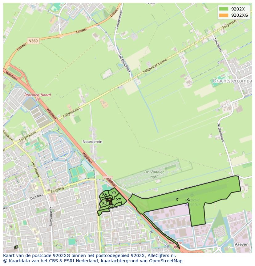 Afbeelding van het postcodegebied 9202 XG op de kaart.