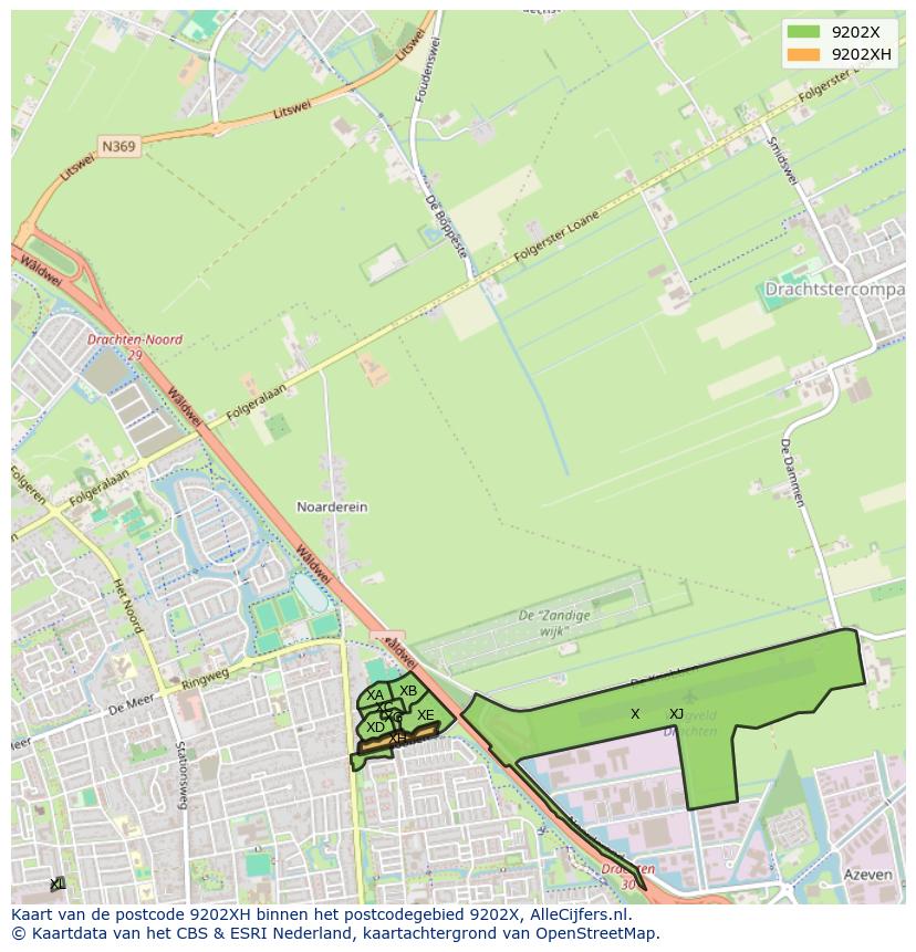 Afbeelding van het postcodegebied 9202 XH op de kaart.