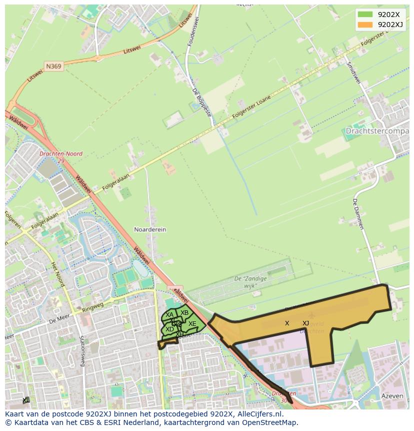 Afbeelding van het postcodegebied 9202 XJ op de kaart.