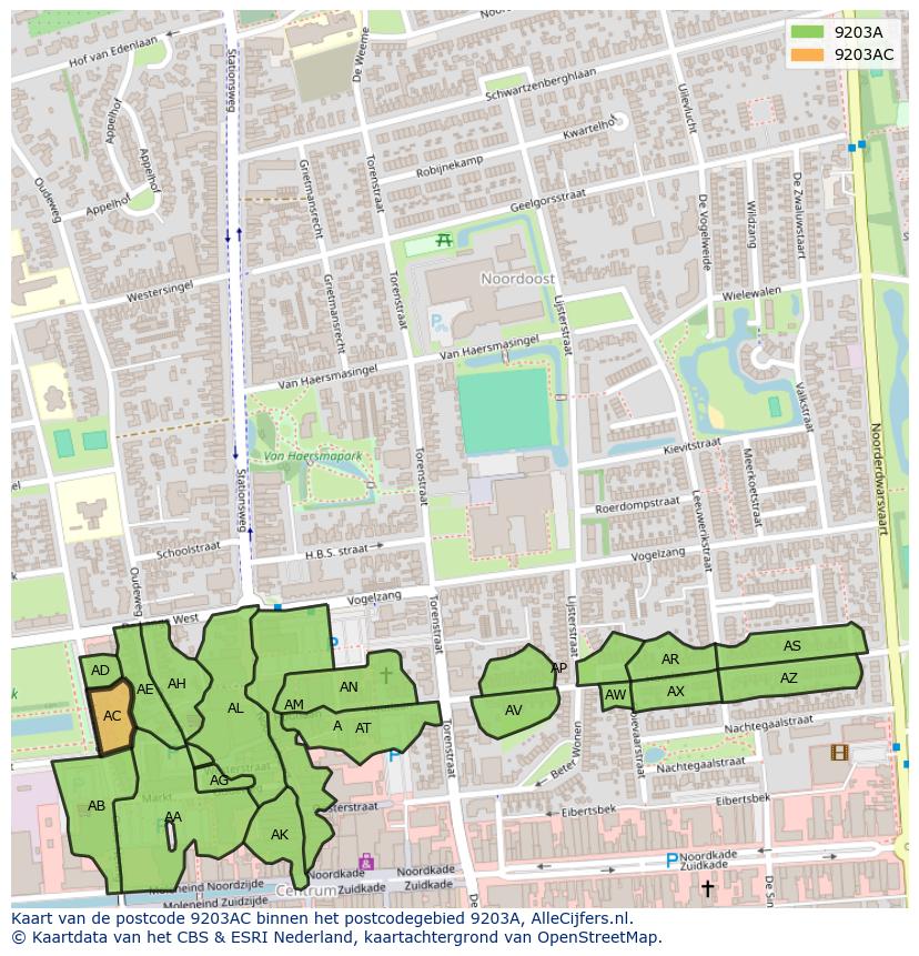 Afbeelding van het postcodegebied 9203 AC op de kaart.