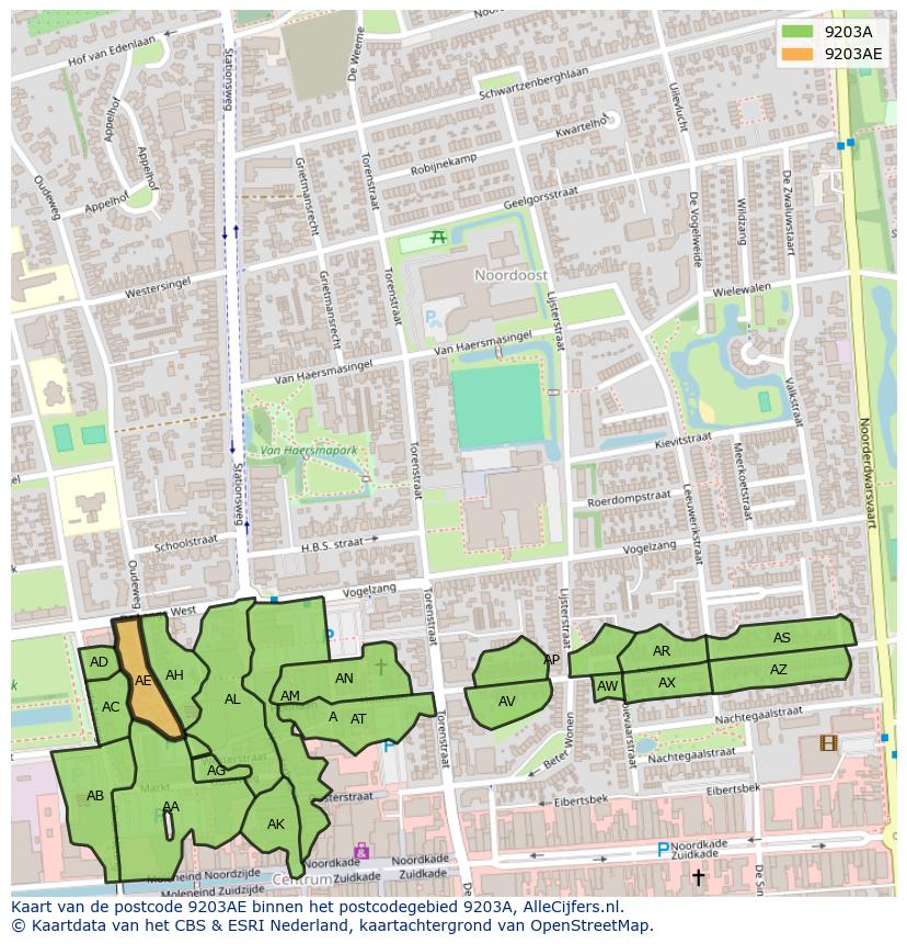 Afbeelding van het postcodegebied 9203 AE op de kaart.
