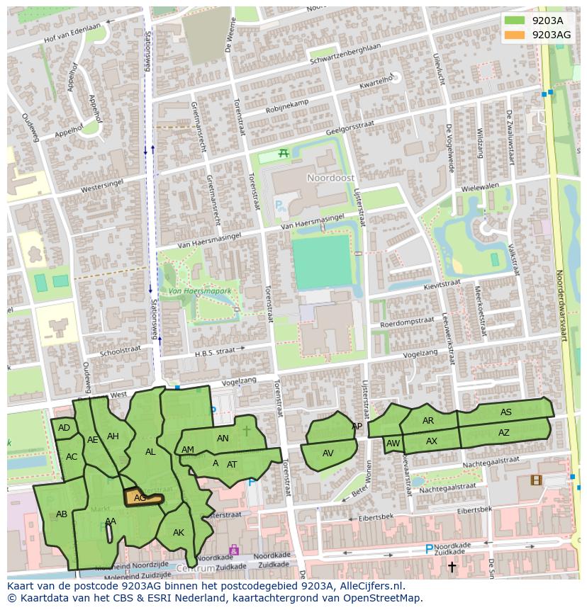 Afbeelding van het postcodegebied 9203 AG op de kaart.