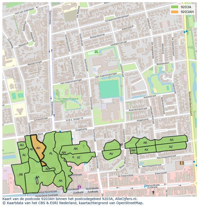 Afbeelding van het postcodegebied 9203 AH op de kaart.