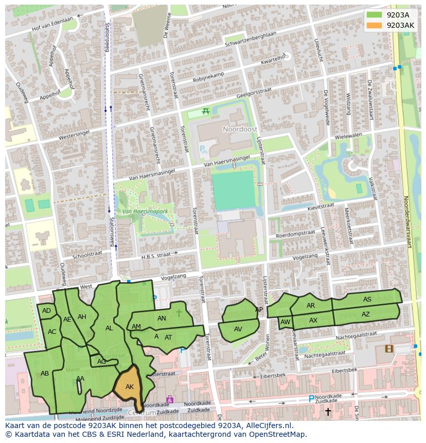 Afbeelding van het postcodegebied 9203 AK op de kaart.
