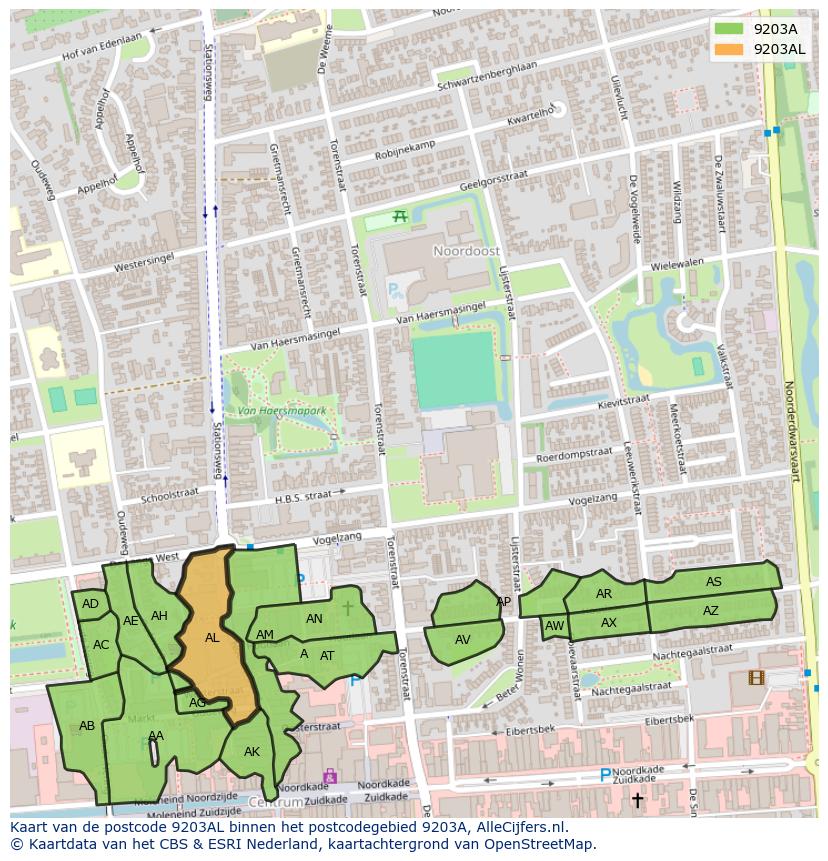 Afbeelding van het postcodegebied 9203 AL op de kaart.