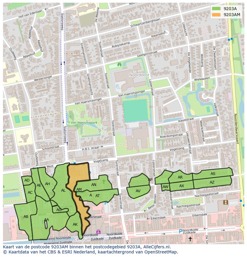 Afbeelding van het postcodegebied 9203 AM op de kaart.