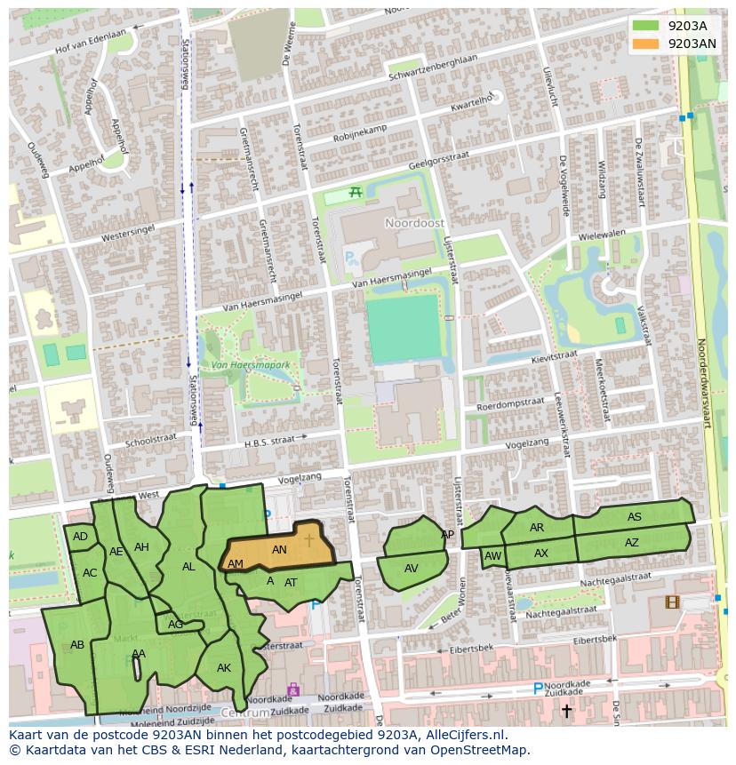 Afbeelding van het postcodegebied 9203 AN op de kaart.