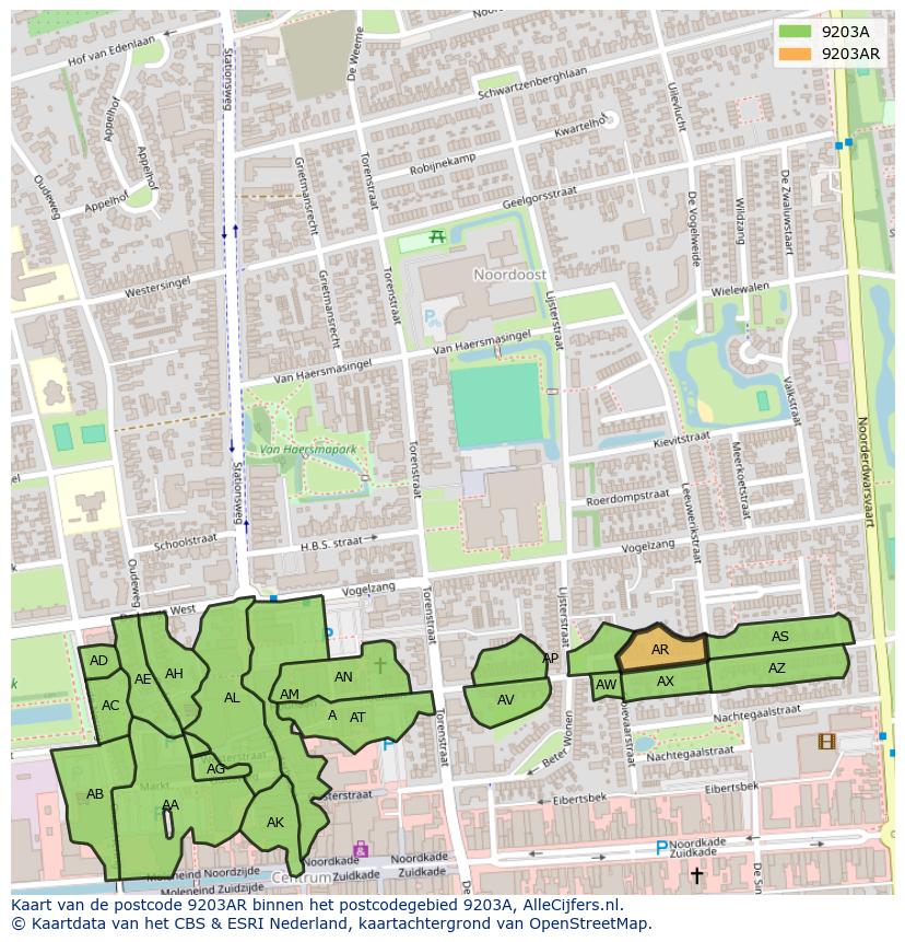 Afbeelding van het postcodegebied 9203 AR op de kaart.