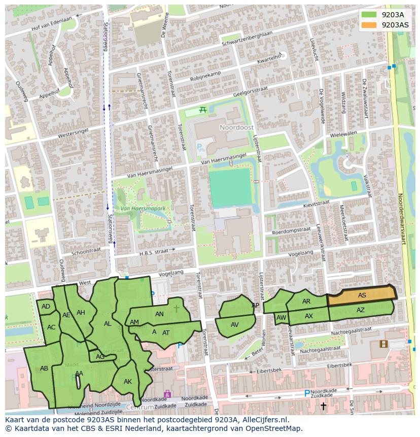 Afbeelding van het postcodegebied 9203 AS op de kaart.