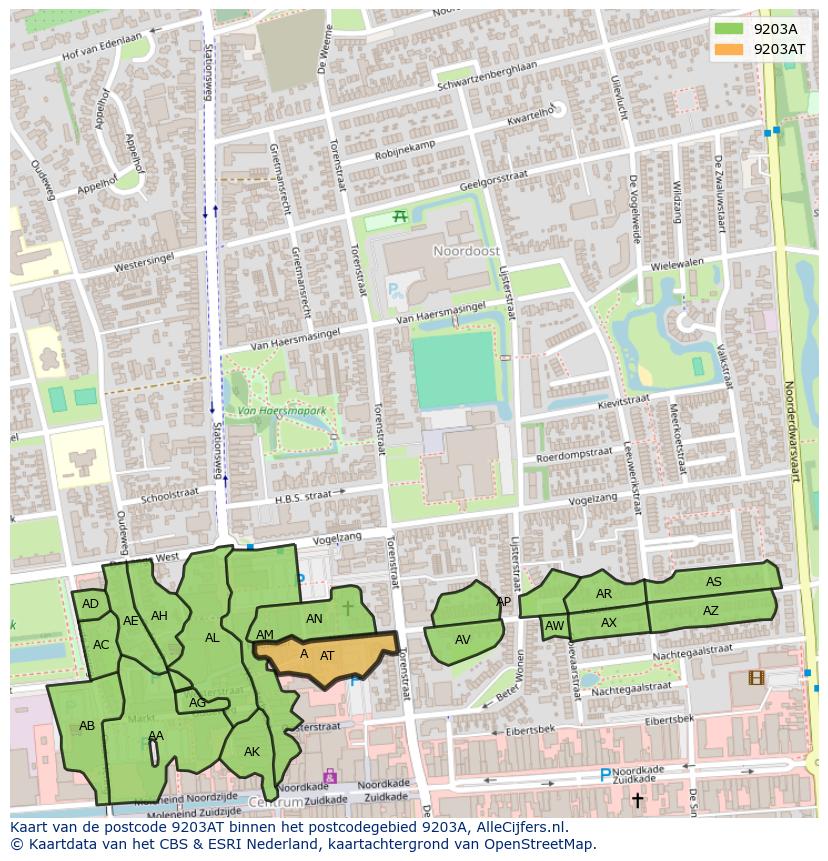 Afbeelding van het postcodegebied 9203 AT op de kaart.