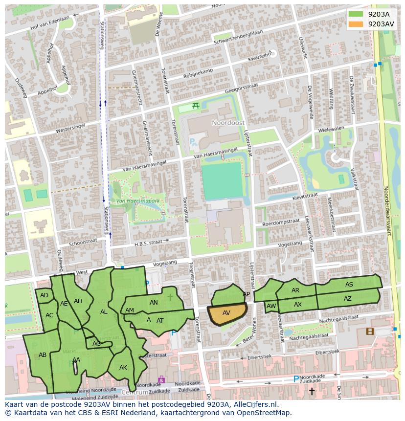 Afbeelding van het postcodegebied 9203 AV op de kaart.