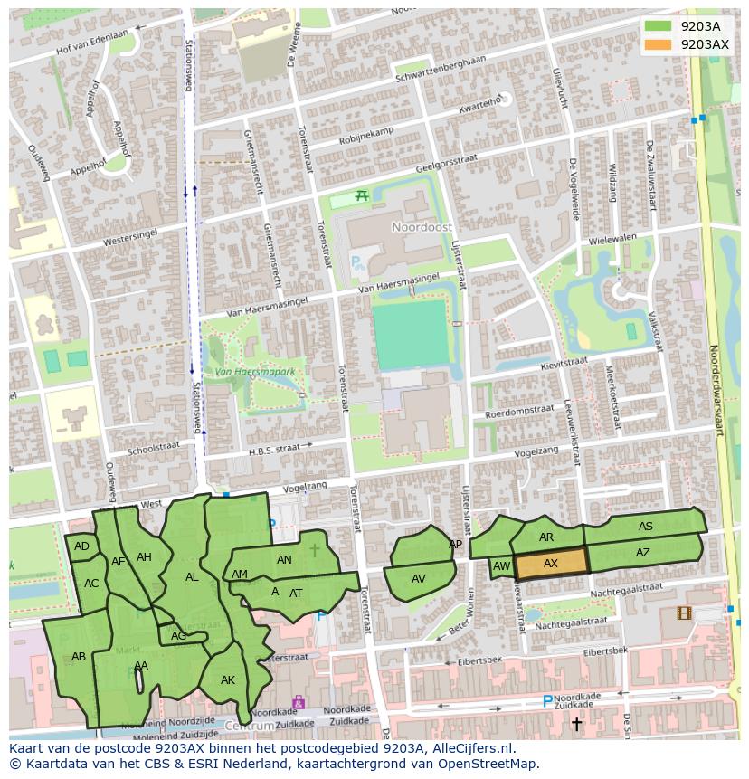 Afbeelding van het postcodegebied 9203 AX op de kaart.