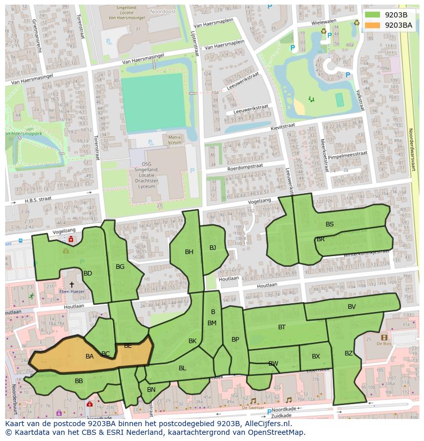 Afbeelding van het postcodegebied 9203 BA op de kaart.