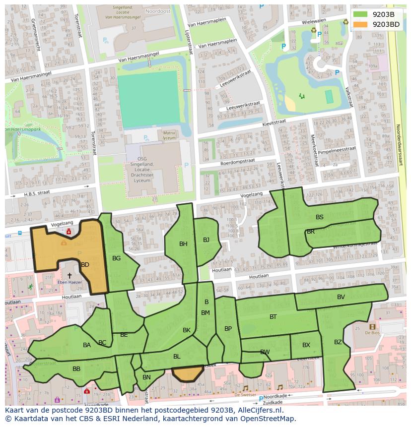 Afbeelding van het postcodegebied 9203 BD op de kaart.