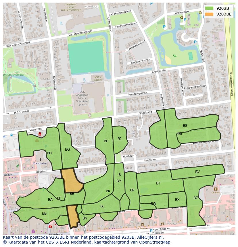 Afbeelding van het postcodegebied 9203 BE op de kaart.